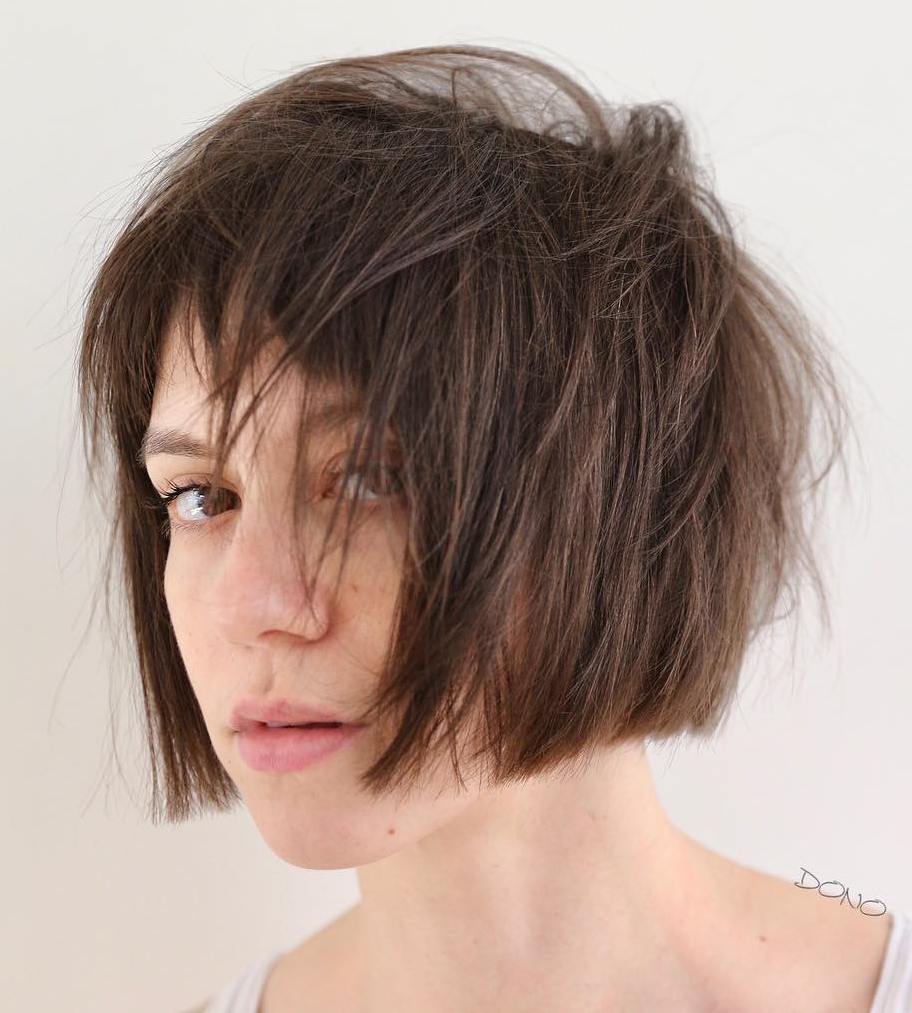 Short Shaggy Brown Bob With Bangs