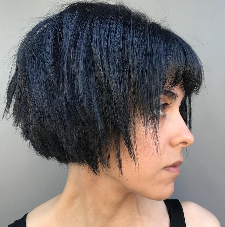 Short Razored Blue Black Bob With Bangs